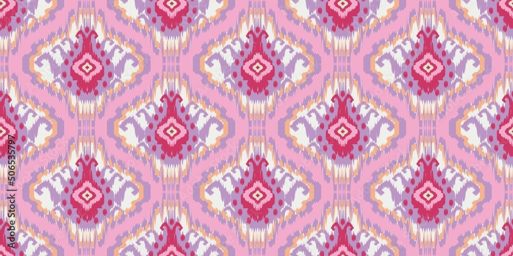 Motif ethnic damask beautiful Ikat art. Ethnic abstract pink ogee background art. folk embroidery, Peruvian, Indian, Asia, Moroccan, Turkey, and Uzbek style. Aztec geometric art ornament print.