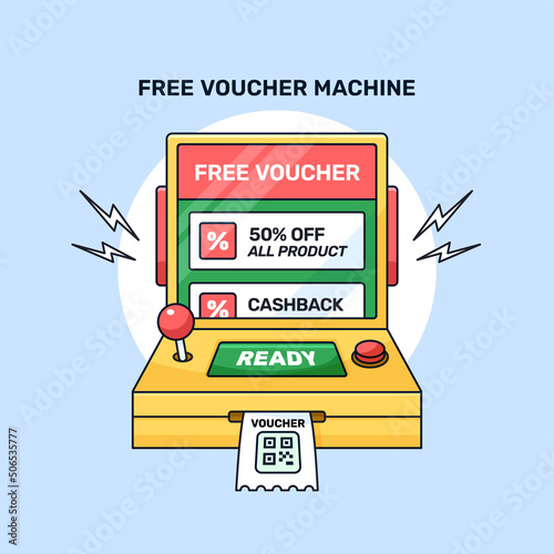 Free voucher from retro game machine vector illustration for creative vintage 80s 90s online shop social media marketing promotion