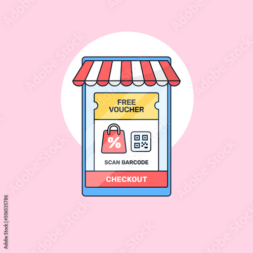 smart phone with stripped awning store and free voucher coupon on screen vector illustration for online shop social media marketing promotion poster