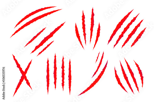 Cat scratches set. Animal claws marks collection in red. Monster or dinosaur attack slash stripes on white background. Vector illustration
