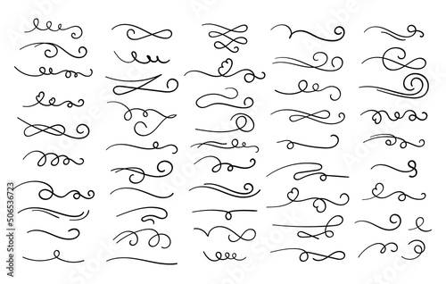 Swish doodle underline set. Hand drawn swoosh elements, calligraphy swirl or sport swoop text tails, Swash decorative strokes on white background, vector illustration photo