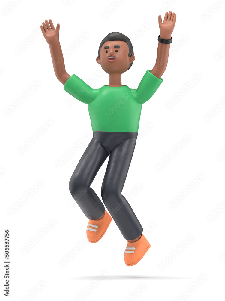 3D illustration of smiling african american man David jumping celebrating success. Cartoon winning businessman with his hands in the air,3D rendering on white background.