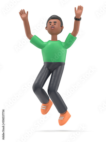 3D illustration of smiling african american man David jumping celebrating success. Cartoon winning businessman with his hands in the air,3D rendering on white background.