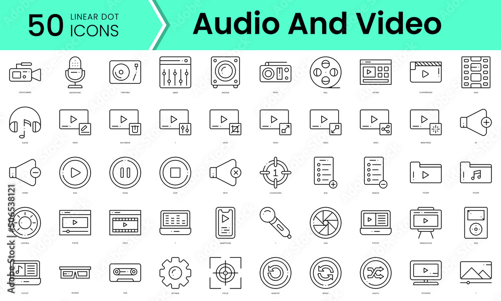 Set of audio and video icons. Line art style icons bundle. vector ...