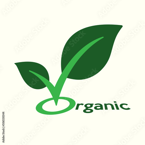 Check mark combined with green leaf as a gimmick of plant. Organic growth concept. Vector illustration outline flat design style.