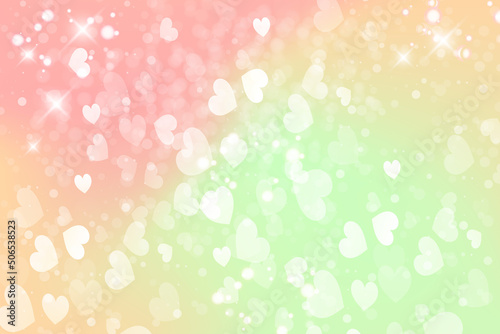 Rainbow fantasy background with hearts and stars. Holographic illustration in pastel colors. Cute cartoon unicorn wallpaper Bright multicolored sky. Vector.