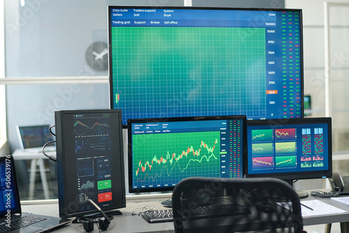 Fotografie Horizontal no people shot of modern investment specialists workspace with deskto