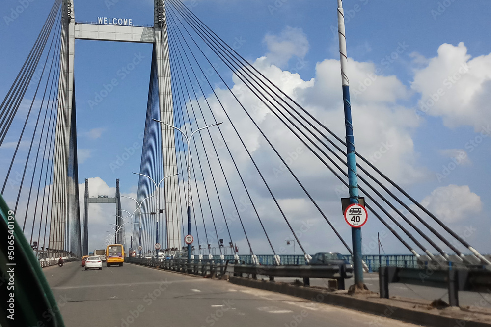 HOWRAH, WEST BENGAL , INDIA - JULY 8TH 2018 : Vidyasagar Setu (Bridge) over river Ganges, 2nd Hooghly Bridge. Connects Howrah and Kolkata, Longest Cable - stayed bridge in India.