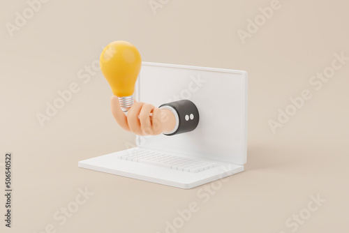 Hand holding lightbulb with computer laptop on background. Minimal design. Concept of creative idea and innovation. 3d render illustration