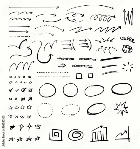 Doodle swash black thin line arrow, circle, stroke set sign. hand drawn vector illustration