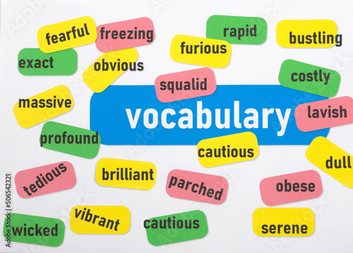 top view various colorful English vocabulary photo