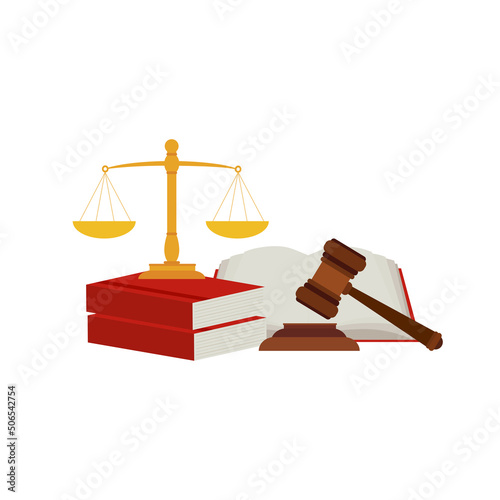 Justice scale, judge's hammer, law book, concept of court judgment to demand justice and punishment.