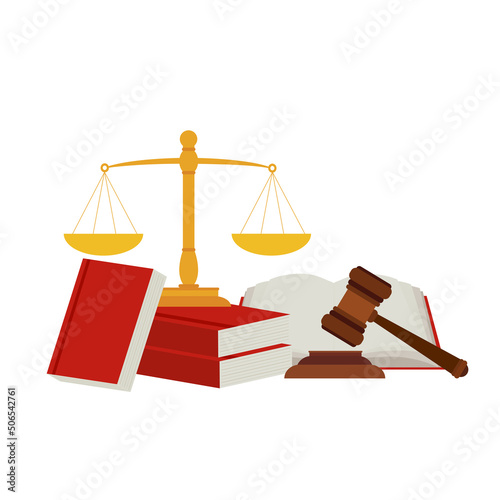 Justice scale, judge's hammer, law book, concept of court judgment to demand justice and punishment.