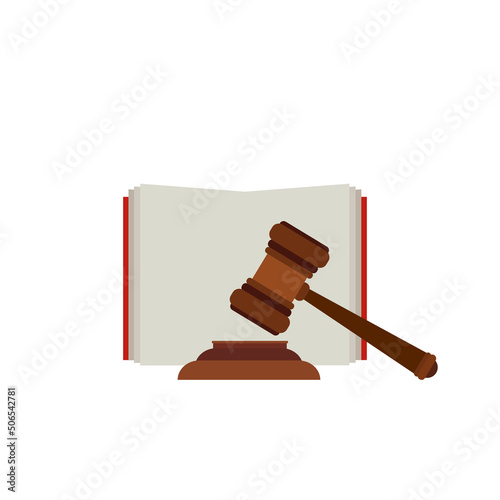 Justice scale, judge's hammer, law book, concept of court judgment to demand justice and punishment.