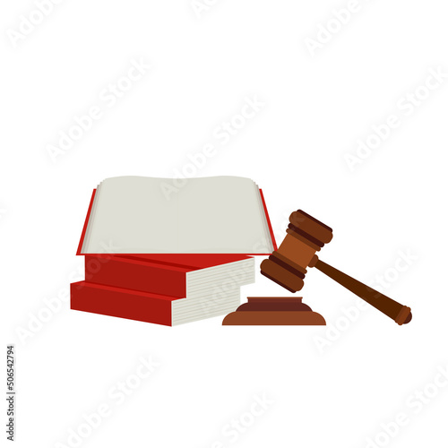Justice scale, judge's hammer, law book, concept of court judgment to demand justice and punishment.