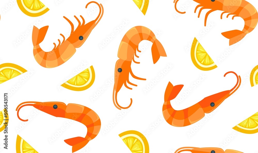 Shrimps and lemon slices, seafood pattern print Shrimps and lemon slices, seafood pattern print