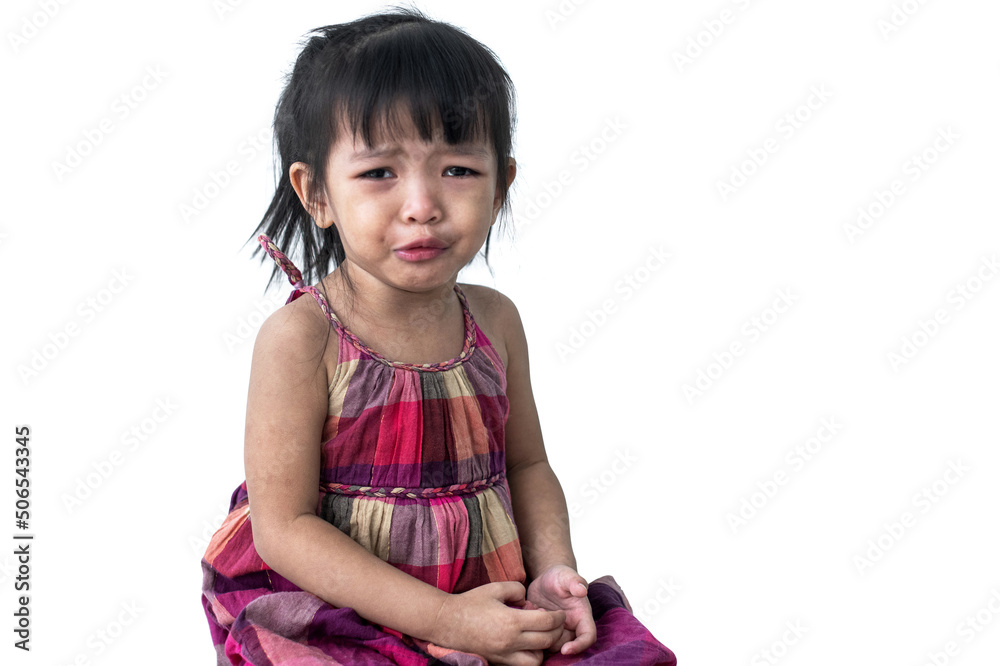 Sad little girl, crying with sadness, depression of hurt and pain on white background, with clipping path Sad little girl, crying with sadness, depression of hurt and pain on white background, with clipping path