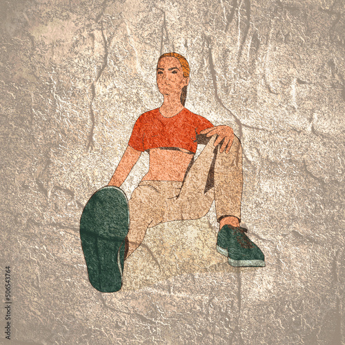 Sitting woman. Sport girl illustration. Casual sportwear - t-shirt, breeches and sneakers. Young woman wearing workout clothes. Sport fashion girl outline in urban casual style.