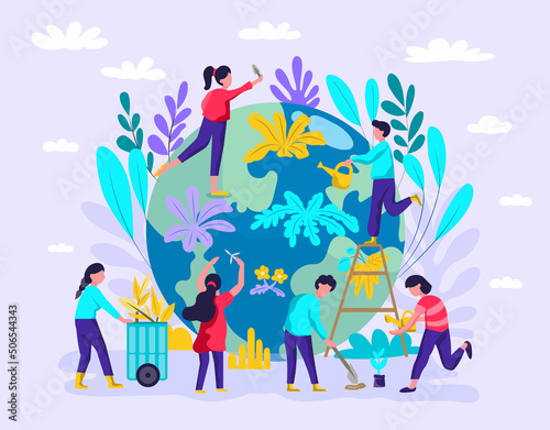 Illustration of people helping to plant trees Let the world grow to protect the environment, prevent pollution, make it green. clean the ecosystem The world is a better place