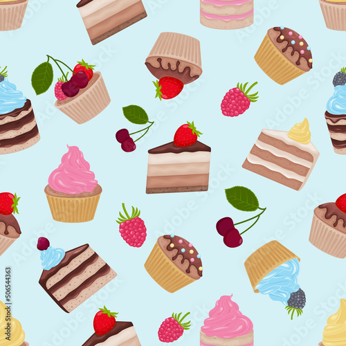 Cakes. Seamless pattern with the image of cakes and cupcakes. A sweet dessert pattern. Pattern for print and packaging. Vector illustration