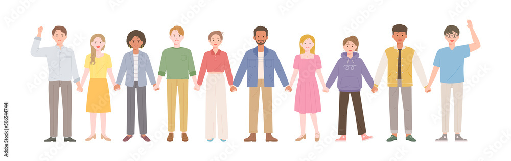 People of different races are standing holding each other's hands. flat design style vector illustration.