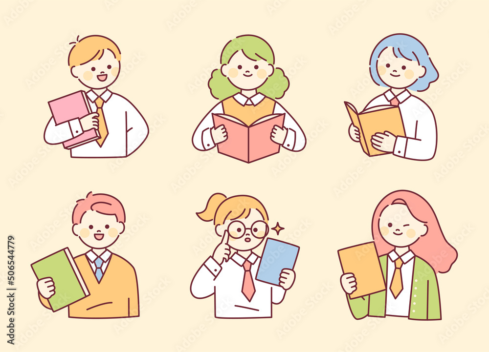 Cute round-faced children in school uniforms are holding books. outline simple vector illustration. Cute round-faced children in school uniforms are holding books. outline simple vector illustration.