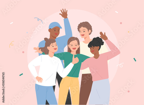 Friends of various races gather and do fun and exciting activities. flat design style vector illustration.