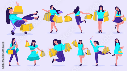 Flat illustration set woman shopping with different characters such as clothes  elegance  modernity  lifestyle  used with marketing online sales