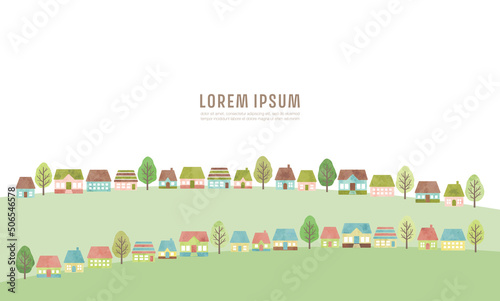 Fototapeta Naklejka Na Ścianę i Meble -  watercolor hand drawn houses and trees. cute landscape illustration for background
