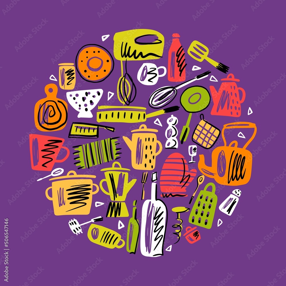 Round illustration in Scandinavian style of kitchen utensils, dishes and cutlery, hand-drawn Round illustration in Scandinavian style of kitchen utensils, dishes and cutlery, hand-drawn