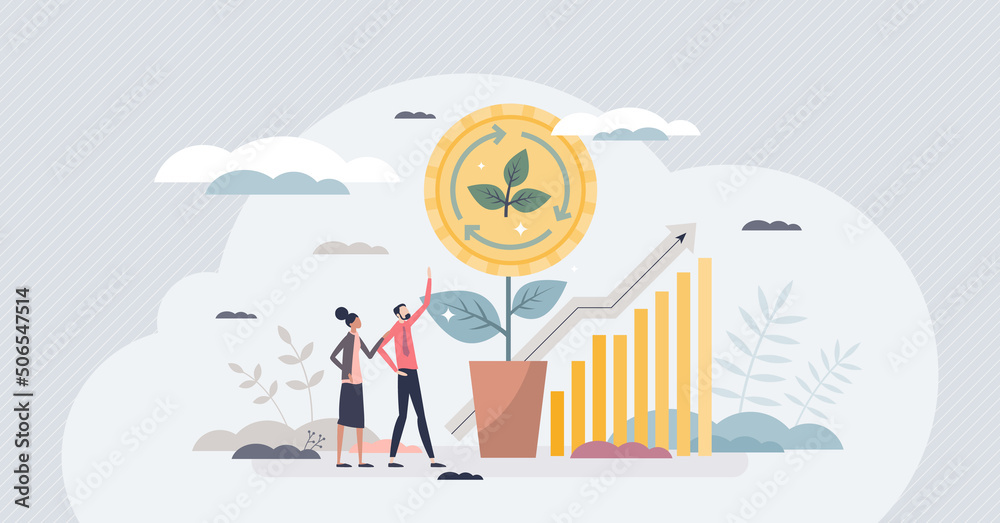 Sustainable investment and nature friendly economy tiny person concept. Successful business growth from environmental stock rise vector illustration. Green eco climate strategy for earnings progress. - obrazy, fototapety, plakaty 
