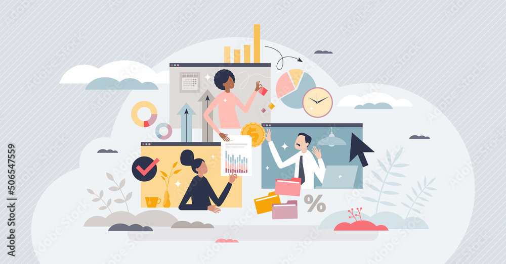 Hybrid work and employee cooperation with distant job tiny person concept. Flexibility and efficiency from productive online business call vector illustration. Working from home with split screen. - obrazy, fototapety, plakaty 