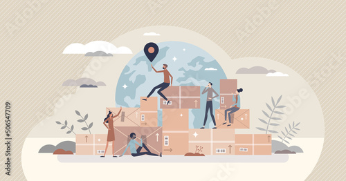 Worldwide shipping or international cargo distribution tiny person concept. Logistics or transportation around globe vector illustration. Export freight service with global connection points for cargo