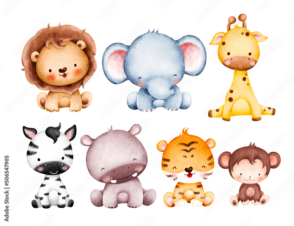Watercolor set of Cute Baby Safari Animals Illustration  - obrazy, fototapety, plakaty 