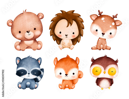 Watercolor set of Cute Baby Animals Illustration 