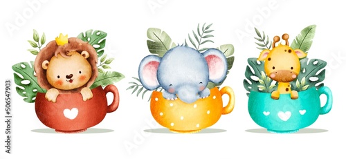 Watercolor set of cute baby safari animals and tropical leaves in cup 