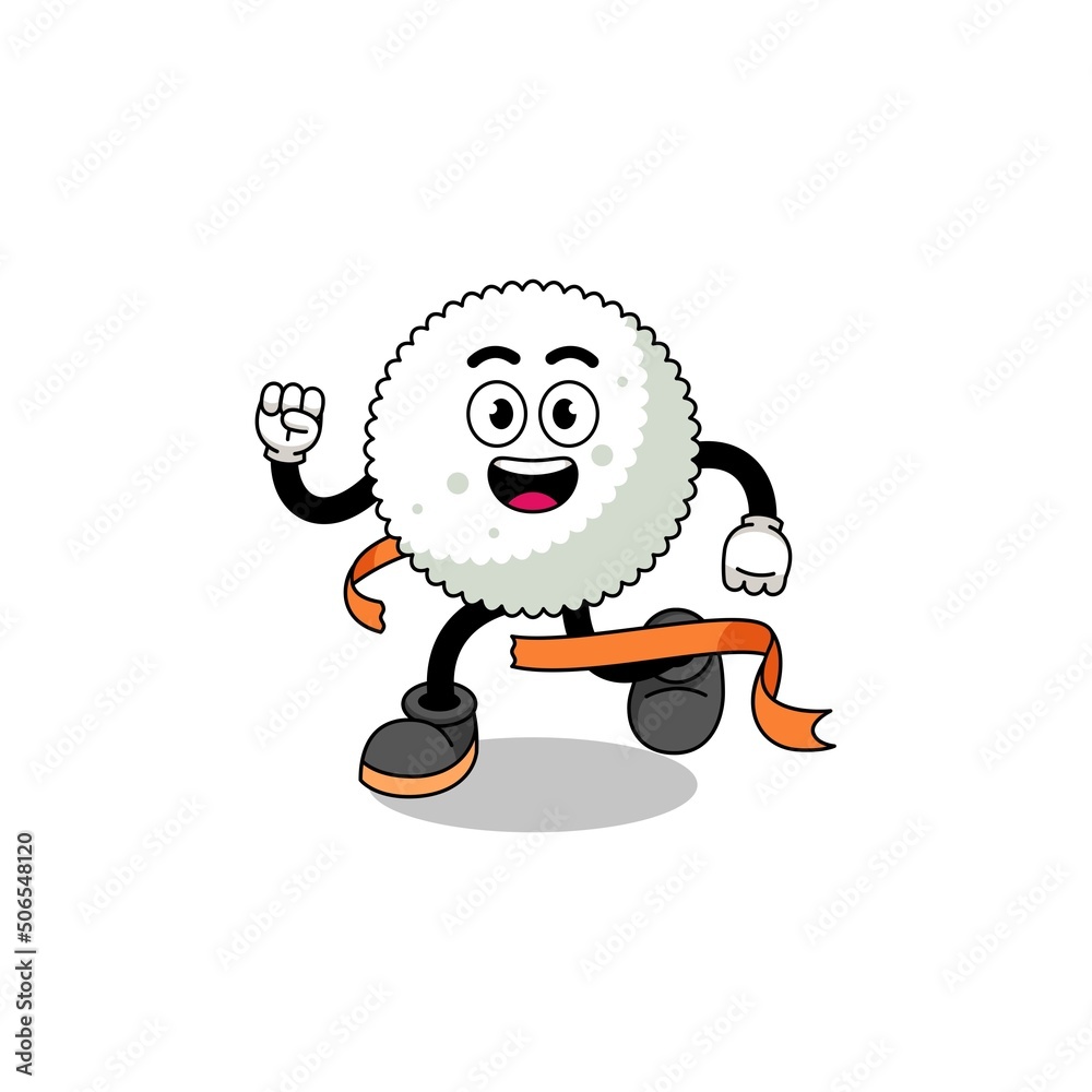 Mascot cartoon of rice ball running on finish line Mascot cartoon of rice ball running on finish line
