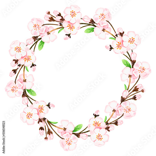 Sakura wreath. Watercolor illustration. Isolated on a white background.For design
