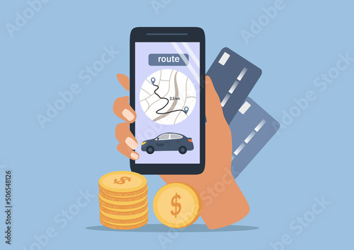 vector illustration in a flat style on the theme of applications for ordering a taxi. hand with smartphone, bank cards and stack of coins