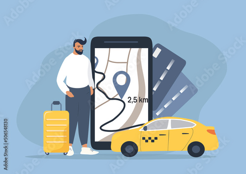 vector illustration in a flat style on the theme of ordering a taxi. taxi car, a man with a suitcase, a smartphone with a route