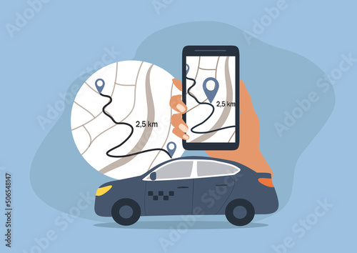vector illustration in a flat style on the theme of applications for ordering a taxi. taxi car, map with navigator and hand with smartphone