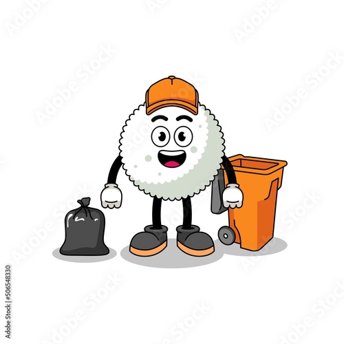 Illustration of rice ball cartoon as a garbage collector