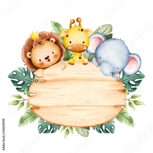 Watercolor Illustration Cute Baby Animal Frame template 