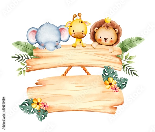 Watercolor Illustration Cute Baby Animal Frame template 