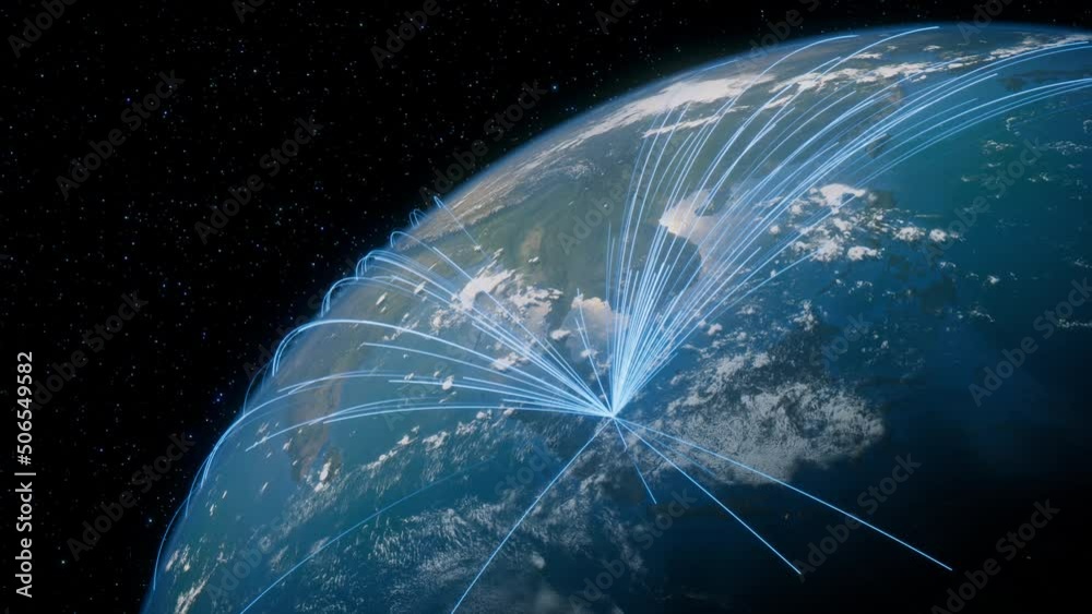 Earth in Space. Blue Lines connect Singapore with Cities across the World. Global Travel or Networking Concept.