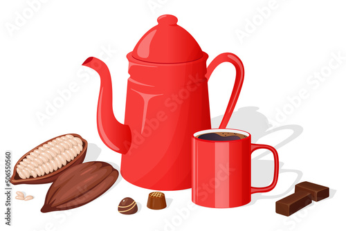 A coffee pot, a cup of black coffee and chocolate products.Vector illustration isolated on a white background background.