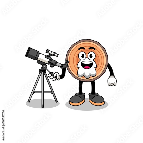 Illustration of wood trunk mascot as an astronomer