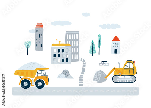 Banner with cute construction vehicle and city in flat style. Illustration yellow dump truck and bulldozer for kids. Vector
