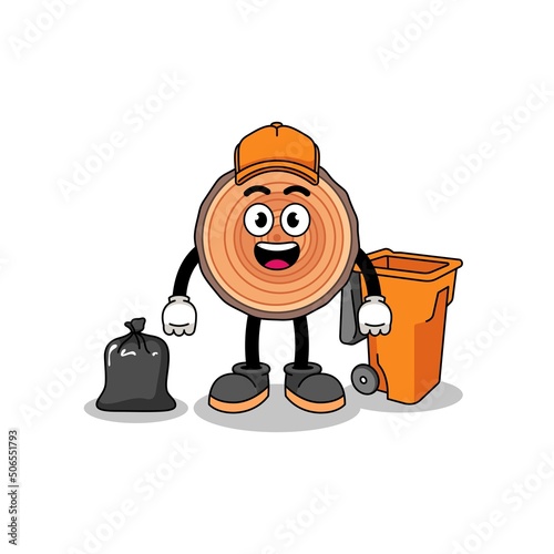 Illustration of wood trunk cartoon as a garbage collector
