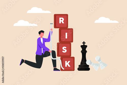 Businessman standing in front of risk box measuring risk level with chess king. Risk Management. Flat vector illustration isolated.